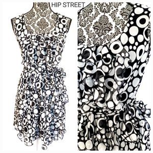 ROBBIE BEE Dot Chiffon Ruffle Front Bias Cut Sleeveless Day Party Dress 4P NWOT